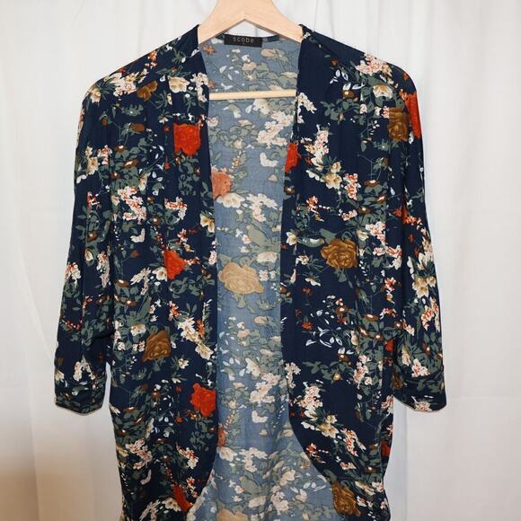 Scobe Kimomo Size Medium Open Front Blazer Blue Floral Rayon Asymmetric Hem - Picture 13 of 13